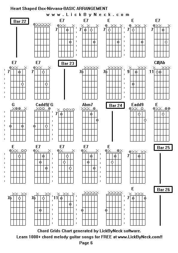 Chord Grids Chart of chord melody fingerstyle guitar song-Heart Shaped Box-Nirvana-BASIC ARRANGEMENT,generated by LickByNeck software.